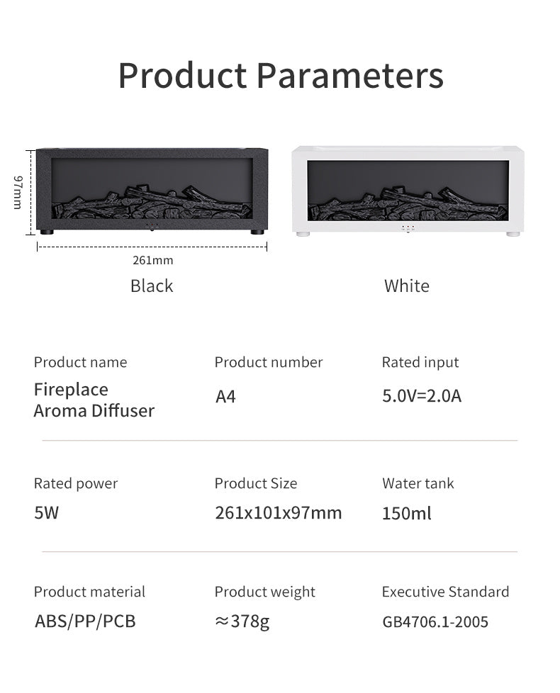 Product parameters of a fireplace aroma diffuser with black and white options.