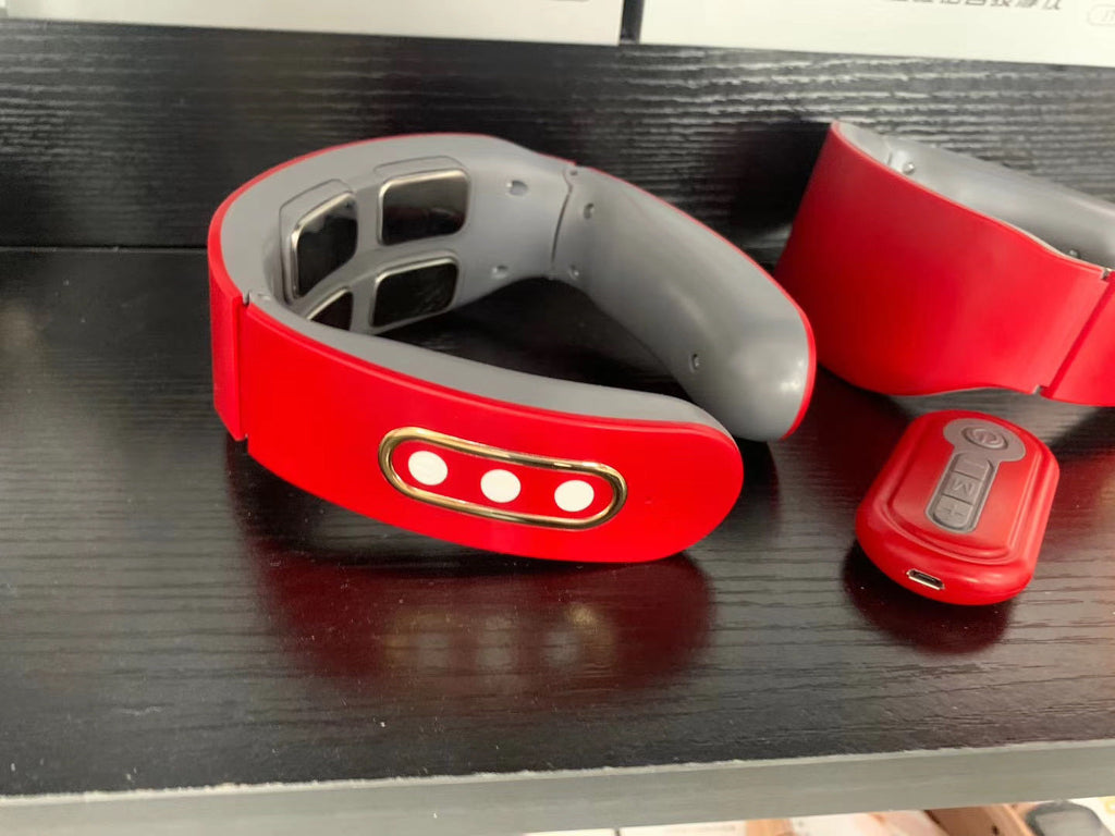 Red and gray rechargeable smart EMS neck massager with heat compress for cervical spine pain relief