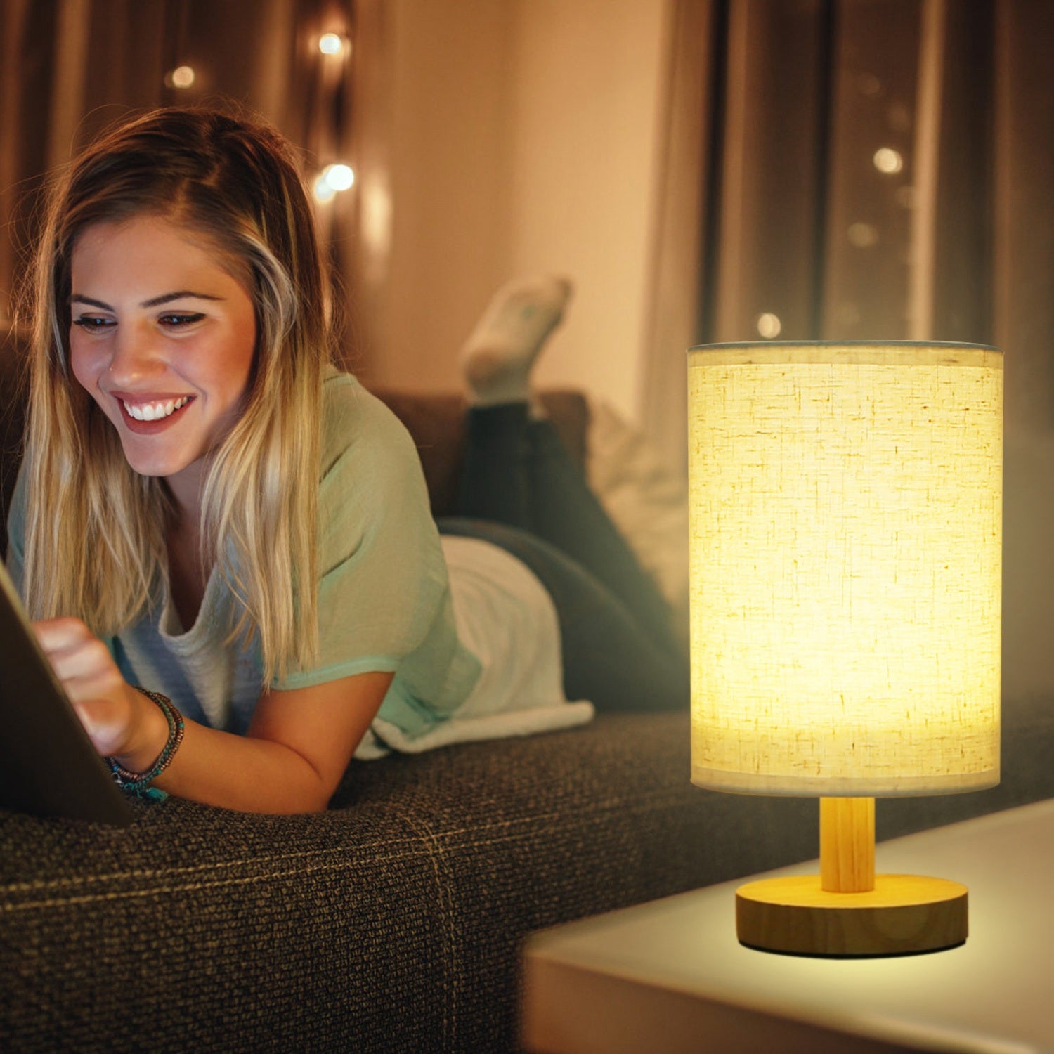 Minimalist Bamboo & Linen Bedside Lamp – Warm USB Glow
