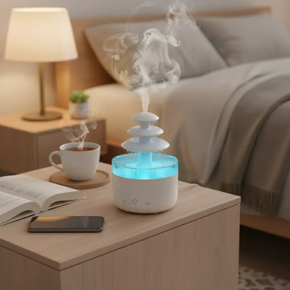 viral rain cloud humidifier and aroma diffuser with soothing white noise rain sound