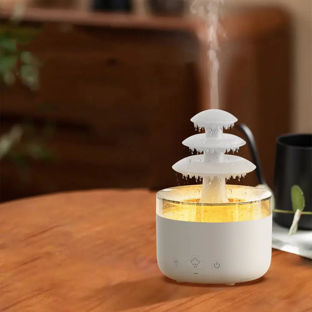 viral rain cloud humidifier and aroma diffuser with soothing white noise rain sound